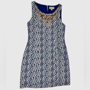 Anthropology Moulinette Soeurs Blue White Sleeveless Mini Sheath Dress Beaded